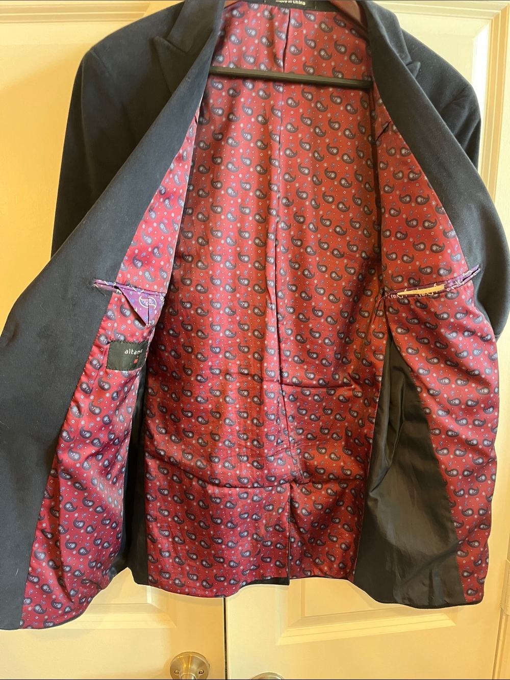 Men's Navy Velvet Two-Button Blazer with Patterned Lining - Picture 6 of 7
